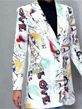 White Abstract Paint-Splash Blazer